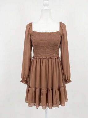 Wilfred Tempest Smocked Square-Neck Long Sleeve Mini Dress in Chestnut Medium